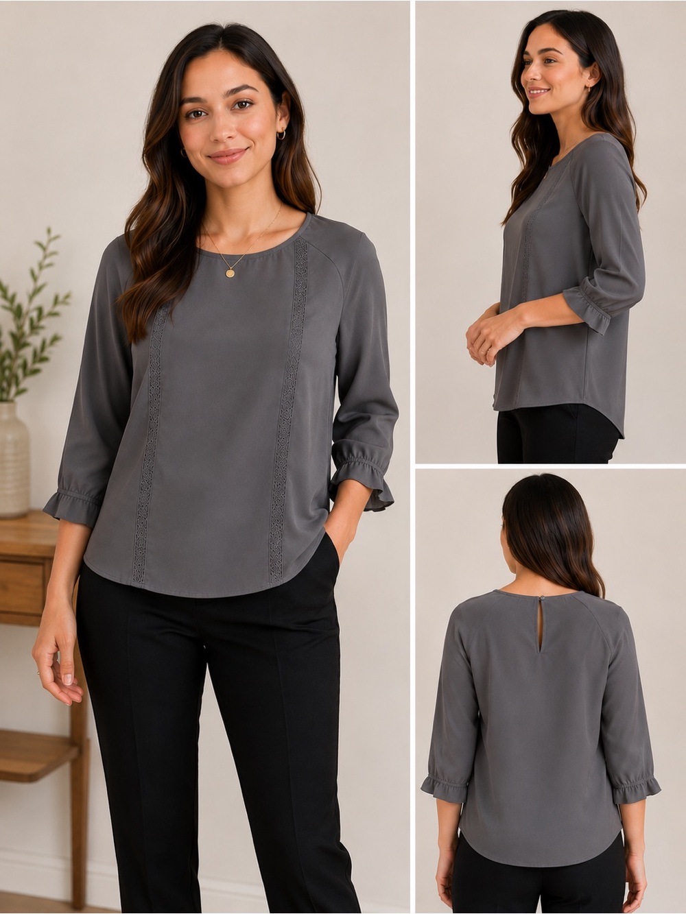 Banana Republic Gray Blouse Medium Ruffle Sleeve Silk Feel Top